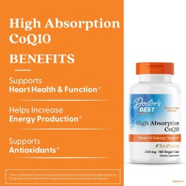 Doctor\'s Best High Absorption CoQ10, Heart & Energy Support, USP Verified, Naturally Fermented CoQ10, Non-GMO Gluten Free, Soy Free, Vegan 180 Veggie Caps