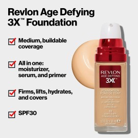 Revlon Liquid Foundation, Age Defying 3XFace Makeup, Anti-Aging and Firming Formula, SPF 30, Longwear Medium Buildable Coverage with Natural Finish, 040 Medium Beige, 1 Fl Oz