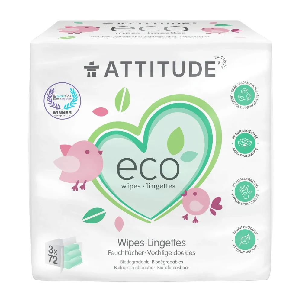 ATTITUDE Biodegradable Baby Wipes, Plant Based Unscented Diaper Wipes for Babies and Newborn, Dermatologically Tested, Vegan, 72 Count (Pack of 3) ATTITUDE Biodegradable Baby Wipes, Plant Based Unscented Diaper Wipes for Babies and Newborn, Dermatologically Tested, Vegan, 72 Count (Pack of 3)
