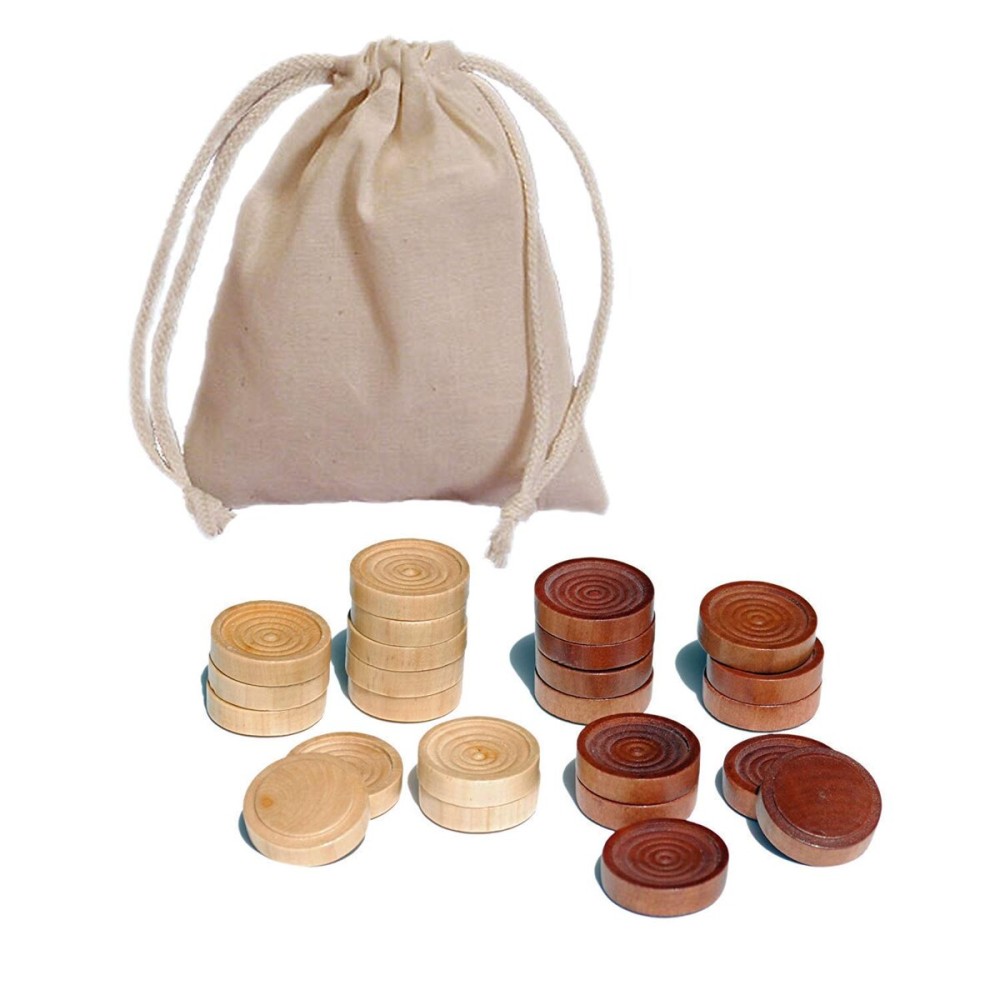 WE Games Wood Backgammon Chips with Cloth Pouch - Brown & Natural 1.125 in. Diameter - Set of 30 WE Games Wood Backgammon Chips with Cloth Pouch - Brown & Natural 1.125 in. Diameter - Set of 30