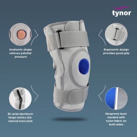 TYNOR Hinged Knee Brace with Double Strap Adjustable Neoprene Knee Support For Men & Women, Arthritis, Meniscus Tear, ACL with Open Patella with Removable Metal Hinges & Side Stabilizers (Large)