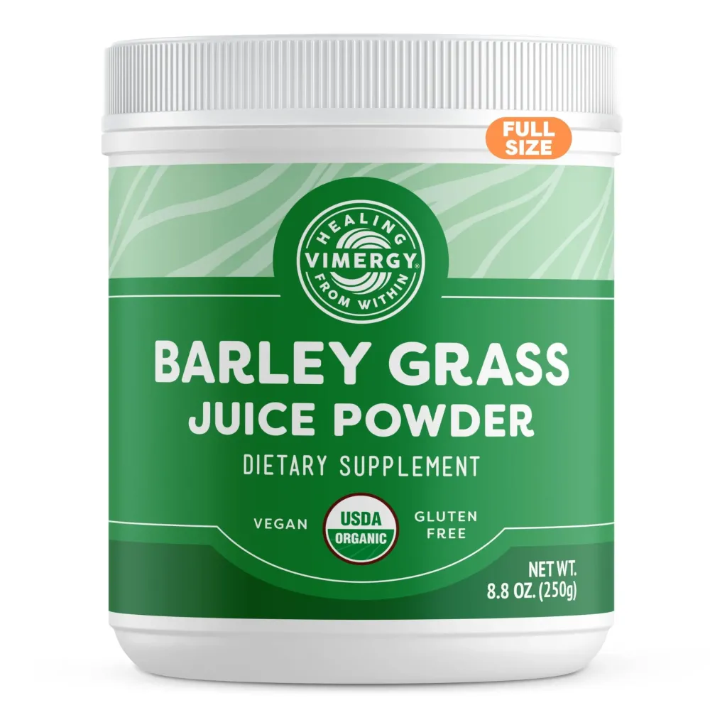 Vimergy Barley Grass Juice Powder Dietary Supplement - 0.8g per Serving (312 Servings) - Clean Superfood Formula - Promotes Cardiovascular Health* - Organic, Vegan & Gluten-Free - Regular Size 250g Vimergy Barley Grass Juice Powder Dietary Supplement - 0.8g per Serving (312 Servings) - Clean Superfood Formula - Promotes Cardiovascular Health* - Organic, Vegan & Gluten-Free - Regular Size 250g
