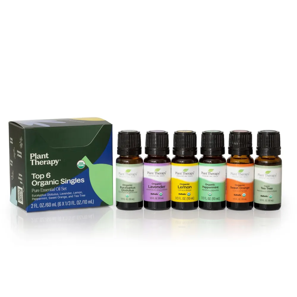 Plant Therapy Top 6 USDA Organic Essential Oil Set - Lavender, Peppermint, Eucalyptus, Lemon, Tea Tree 100% Pure, Natural Aromatherapy, for Diffusion & Topical Use, Therapeutic Grade 10 mL (1/3 oz) Plant Therapy Top 6 USDA Organic Essential Oil Set - Lavender, Peppermint, Eucalyptus, Lemon, Tea Tree 100% Pure, Natural Aromatherapy, for Diffusion & Topical Use, Therapeutic Grade 10 mL (1/3 oz)