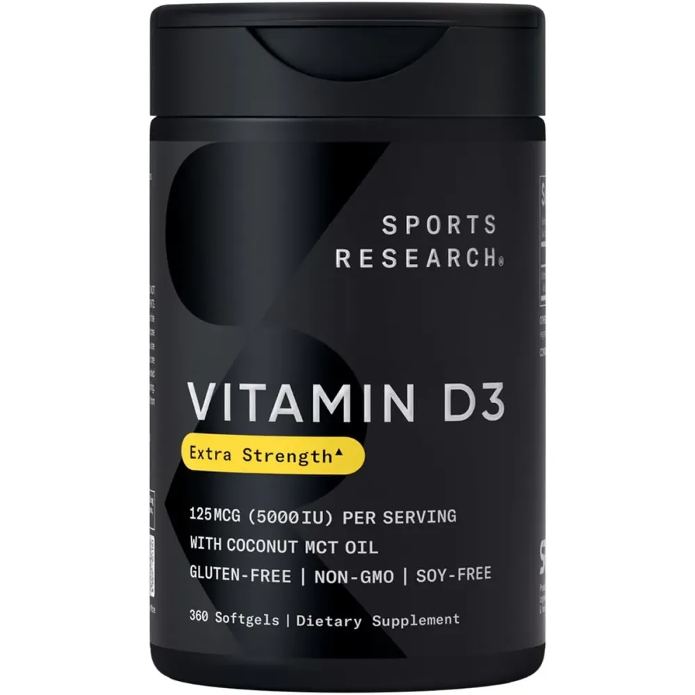 Sports Research Vitamin D3 5000iu (125mcg) with Coconut Oil ~ High Potency Vitamin D for Immune & Bone Support ~ Non-GMO Verified, Gluten & Soy Free (360 Mini-Liquid Softgels) Sports Research Vitamin D3 5000iu (125mcg) with Coconut Oil ~ High Potency Vitamin D for Immune & Bone Support ~ Non-GMO Verified, Gluten & Soy Free (360 Mini-Liquid Softgels)