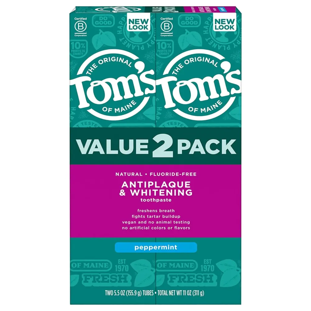 Tom\'s of Maine Fluoride-Free Antiplaque & Whitening Natural Toothpaste, Peppermint, 5.5 oz. (Pack of 2)