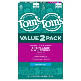 Tom\'s of Maine Fluoride-Free Antiplaque & Whitening Natural Toothpaste, Peppermint, 5.5 oz. (Pack of 2)