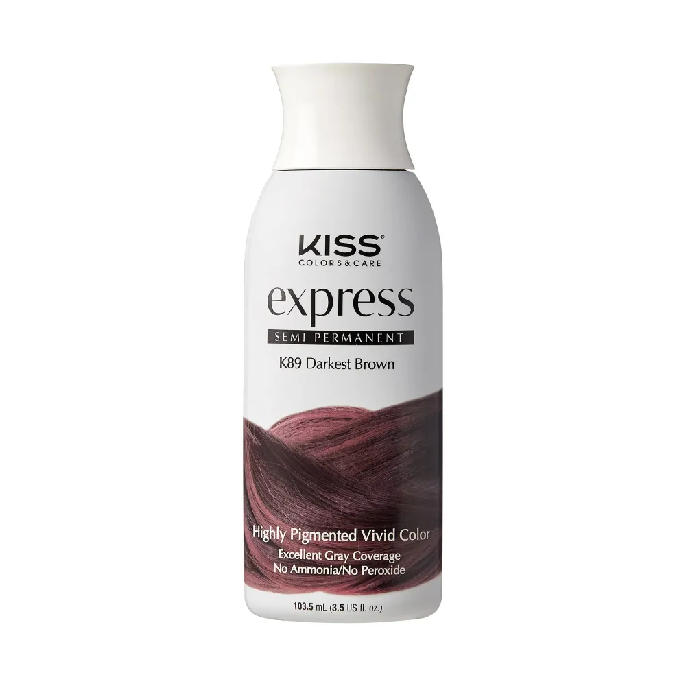 Kiss Express Semi-Permanent Hair Color - Vivid, Highly Pigmented Dye for Vibrant Hair, Gentle Formula, Gray Coverage, pH Balanced,23 Intermixable Shades, All Hair Types (3.5 oz, Darkest Brown,1 Count)