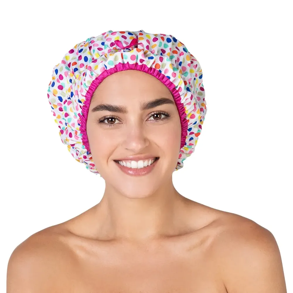 Reusable Shower Cap & Bath Cap & Lined, Oversized Waterproof Shower Caps Large Designed for all Hair Lengths with PEVA Lining & Elastic Band Stretch Hem Hair Hat - Fashionista Deco Dots Reusable Shower Cap & Bath Cap & Lined, Oversized Waterproof Shower Caps Large Designed for all Hair Lengths with PEVA Lining & Elastic Band Stretch Hem Hair Hat - Fashionista Deco Dots