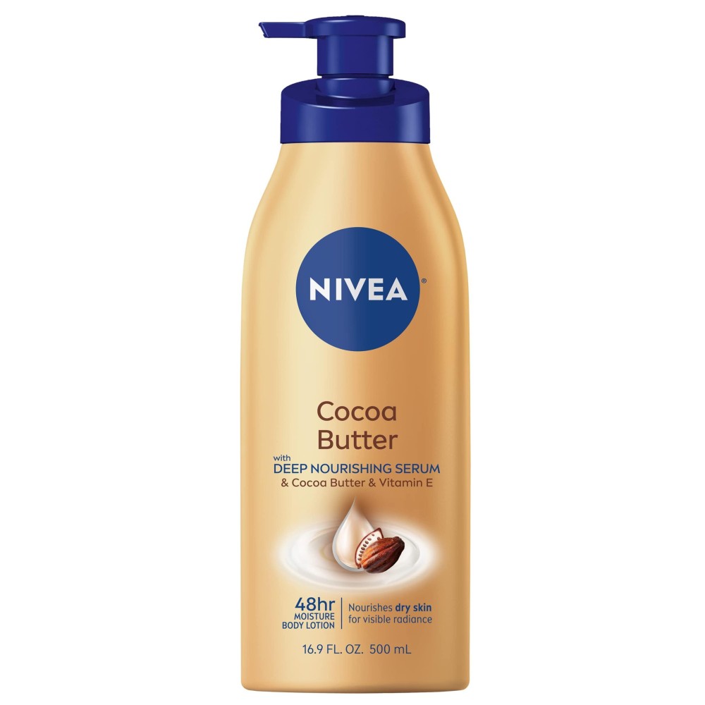NIVEA Cocoa Butter Body Lotion with Deep Nourishing Serum, Cocoa Butter and Vitamin E, 48-Hour Moisturizing Body Lotion for Dry Skin, Nourishes Dry Skin for Visible Radiance, 16.9 Fl Oz Pump Bottle NIVEA Cocoa Butter Body Lotion with Deep Nourishing Serum, Cocoa Butter and Vitamin E, 48-Hour Moisturizing Body Lotion for Dry Skin, Nourishes Dry Skin for Visible Radiance, 16.9 Fl Oz Pump Bottle