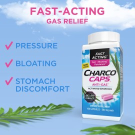 Charcocaps Fast Acting Gas Relief for Bloating & Flatulence, Drug Free Detoxifying Activated Charcoal Formula, 100 Capsules, 30 Day Supply, Pink Charcocaps Fast Acting Gas Relief for Bloating & Flatulence, Drug Free Detoxifying Activated Charcoal Formula, 100 Capsules, 30 Day Supply, Pink