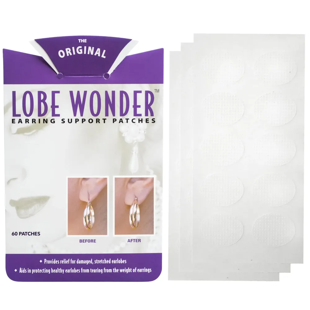 Lobe Wonder - The ORIGINAL Ear Lobe Support Patch for Pierced Ears - Eliminates the Look of Torn or Stretched Piercings - Protects Healthy Ear Lobes from Tearing - 60 Patches - Clear & Latex-Free Lobe Wonder - The ORIGINAL Ear Lobe Support Patch for Pierced Ears - Eliminates the Look of Torn or Stretched Piercings - Protects Healthy Ear Lobes from Tearing - 60 Patches - Clear & Latex-Free