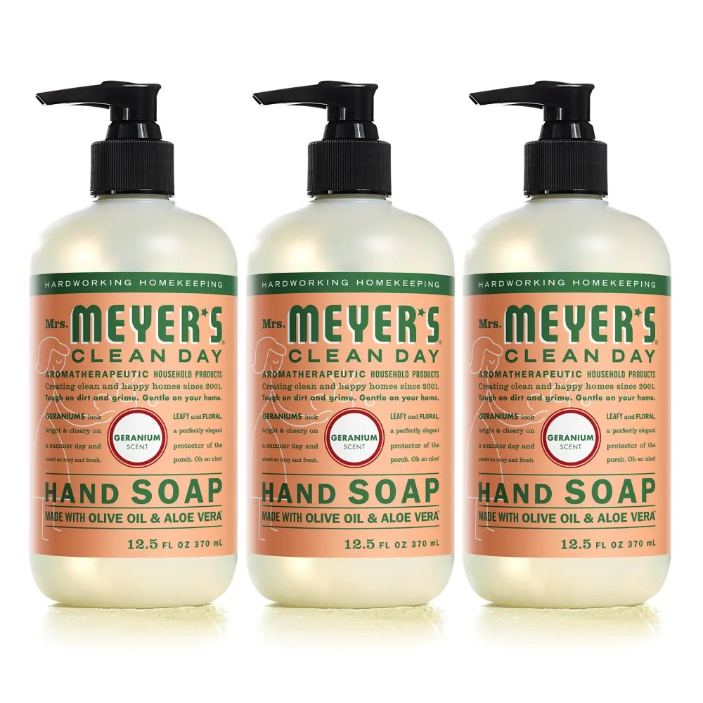 MRS. MEYER\'S CLEAN DAY Hand Soap, Made with Essential Oils, Biodegradable Formula, Geranium, 12.5 fl. oz - Pack of 3 MRS. MEYER\'S CLEAN DAY Hand Soap, Made with Essential Oils, Biodegradable Formula, Geranium, 12.5 fl. oz - Pack of 3
