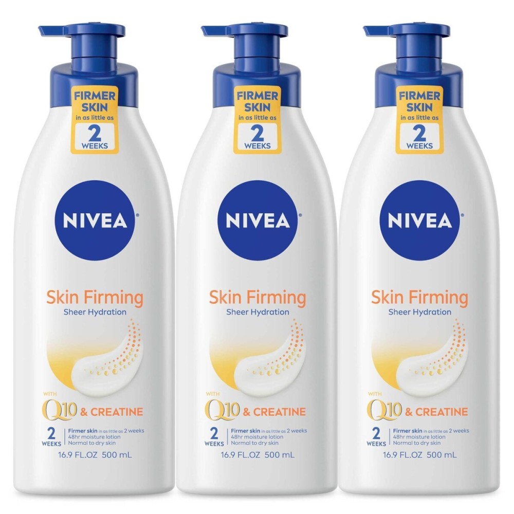 NIVEA Skin Firming Sheer Hydration Body Lotion with Q10 and Creatine, Skin Firming Lotion Pack, 16.9 Fl Oz Pump Bottle, Pack of 3 NIVEA Skin Firming Sheer Hydration Body Lotion with Q10 and Creatine, Skin Firming Lotion Pack, 16.9 Fl Oz Pump Bottle, Pack of 3