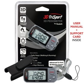 3DTriSport Walking 3D Pedometer with Clip and Strap, Free eBook | 30 Days Memory, Accurate Step Counter, Walking Distance Miles/Km, Calorie Counter, Daily Target Monitor, Exercise Time (Grey/Black) 3DTriSport Walking 3D Pedometer with Clip and Strap, Free eBook | 30 Days Memory, Accurate Step Counter, Walking Distance Miles/Km, Calorie Counter, Daily Target Monitor, Exercise Time (Grey/Black)