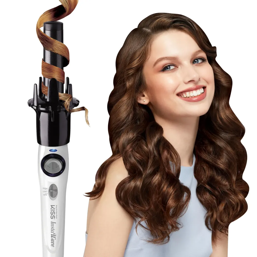 KISS Instawave Deluxe Automatic Rotating Curling Iron, Patented Automotic Spinner, 2-Way Rotation, 1 Ceramic Ionic Wand, Dual Heat Settings, 420 Max Temperature, Black & White KISS Instawave Deluxe Automatic Rotating Curling Iron, Patented Automotic Spinner, 2-Way Rotation, 1 Ceramic Ionic Wand, Dual Heat Settings, 420 Max Temperature, Black & White