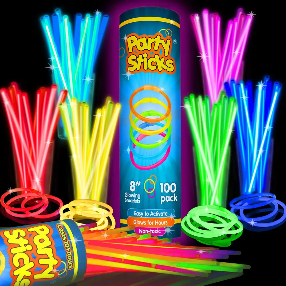 PartySticks Glow Sticks Party Supplies 100pk - 8 Inch Glow in the Dark Light Up Sticks Party Favors, Glow Decorations, Neon Party Glow Necklaces and Glow Bracelets with Connectors PartySticks Glow Sticks Party Supplies 100pk - 8 Inch Glow in the Dark Light Up Sticks Party Favors, Glow Decorations, Neon Party Glow Necklaces and Glow Bracelets with Connectors