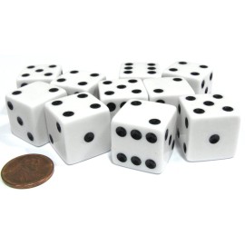 Set of 10 Large Six Sided Square Opaque 19mm D6 Dice - White with Black Pip Die
