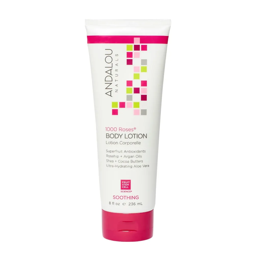 Andalou Naturals 1000 Roses Soothing Body Lotion, with Cocoa + Shea Butter, Aloe & Rosehip, Hydrating Sensitive Skin Lotion for Dry Skin, 8 Fl. Oz Andalou Naturals 1000 Roses Soothing Body Lotion, with Cocoa + Shea Butter, Aloe & Rosehip, Hydrating Sensitive Skin Lotion for Dry Skin, 8 Fl. Oz