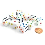 Koplow Games Set of 10 Six Sided D6 16mm Standard Dice White with Multi-Color Pips