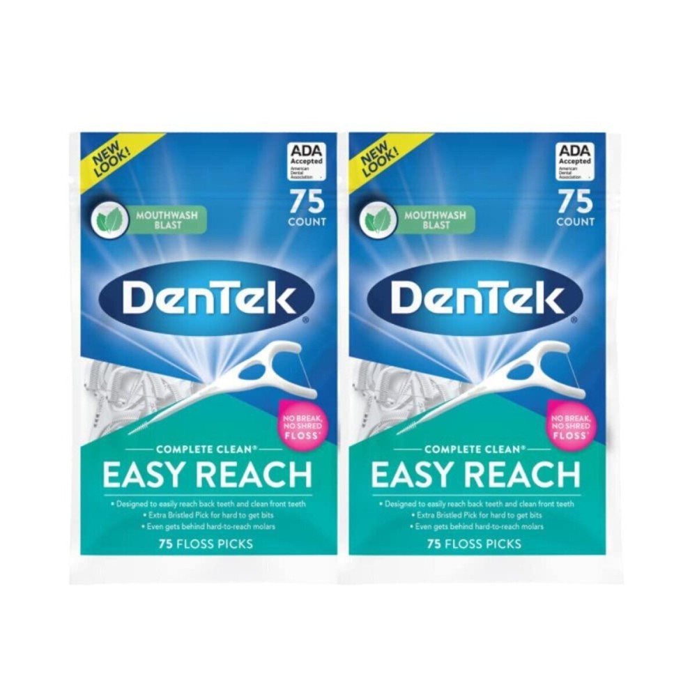 DenTek Complete Clean Easy Reach Floss Picks, Advanced Fluoride Coating, Mouthwash Blast Flavor, 75 ct. (Pack of 2) DenTek Complete Clean Easy Reach Floss Picks, Advanced Fluoride Coating, Mouthwash Blast Flavor, 75 ct. (Pack of 2)