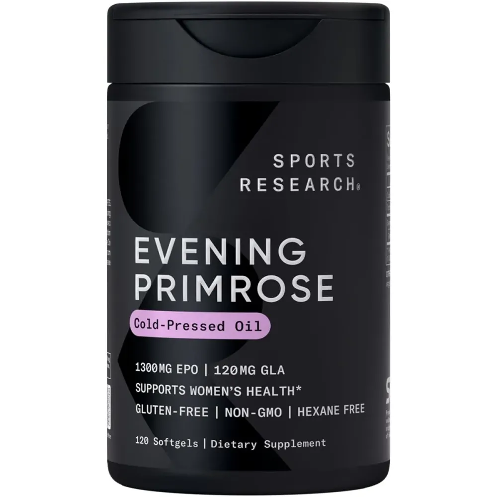 Sports Research Evening Primrose Oil (1300mg) Cold-Pressed with No fillers or Artificial Ingredients, Non-GMO Tested - Gluten and Soy Free (120 Liquid Softgels)