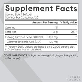 Sports Research Evening Primrose Oil (1300mg) Cold-Pressed with No fillers or Artificial Ingredients, Non-GMO Tested - Gluten and Soy Free (120 Liquid Softgels)
