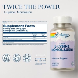 SOLARAY L-Lysine Monolaurin Immune Support Supplement, 1:1 Ratio for Immune System Function, 500 mg Each, 60-Day Money Back Guarantee, 30 Servings, 60 VegCaps SOLARAY L-Lysine Monolaurin Immune Support Supplement, 1:1 Ratio for Immune System Function, 500 mg Each, 60-Day Money Back Guarantee, 30 Servings, 60 VegCaps