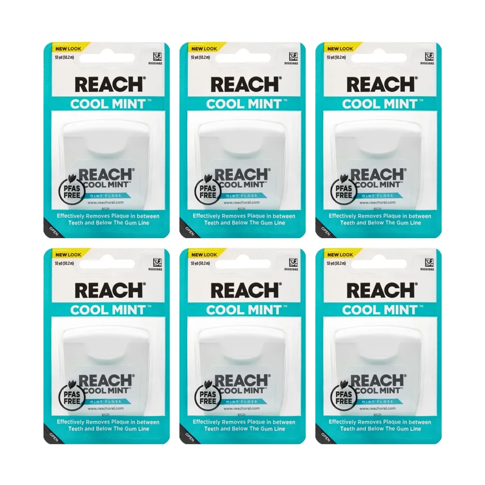 REACH Cool Mint Dental Floss, Fresh Mint, Plaque Remover for Teeth, Shred Resistant, Waxed, Easy on Gums & Teeth, Fresh Breath, Oral Care, PFAS Free, for Adults & Kids, 6 Pack, 55 yd REACH Cool Mint Dental Floss, Fresh Mint, Plaque Remover for Teeth, Shred Resistant, Waxed, Easy on Gums & Teeth, Fresh Breath, Oral Care, PFAS Free, for Adults & Kids, 6 Pack, 55 yd