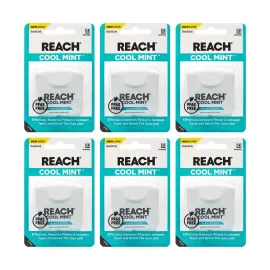 REACH Cool Mint Dental Floss, Fresh Mint, Plaque Remover for Teeth, Shred Resistant, Waxed, Easy on Gums & Teeth, Fresh Breath, Oral Care, PFAS Free, for Adults & Kids, 6 Pack, 55 yd