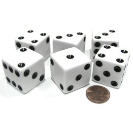 Set of 6 D6 25mm Large Opaque Jumbo Dice - White with Black Pip by Koplow Games Set of 6 D6 25mm Large Opaque Jumbo Dice - White with Black Pip by Koplow Games