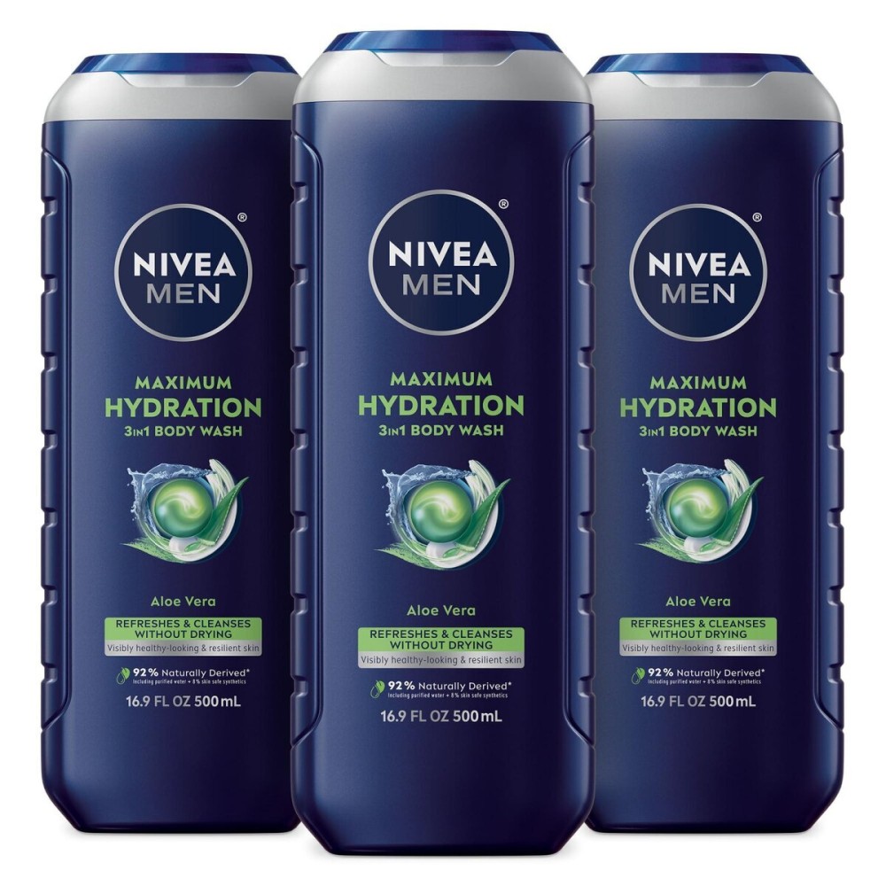 NIVEA MEN Maximum Hydration Body Wash for Dry Skin, Aloe Vera Enriched, 3-in-1 Moisturizing Body Wash, Face and Hair, Paraben Free, Vegan Formula, 16.9 Fl Oz Bottle, Pack of 3 NIVEA MEN Maximum Hydration Body Wash for Dry Skin, Aloe Vera Enriched, 3-in-1 Moisturizing Body Wash, Face and Hair, Paraben Free, Vegan Formula, 16.9 Fl Oz Bottle, Pack of 3