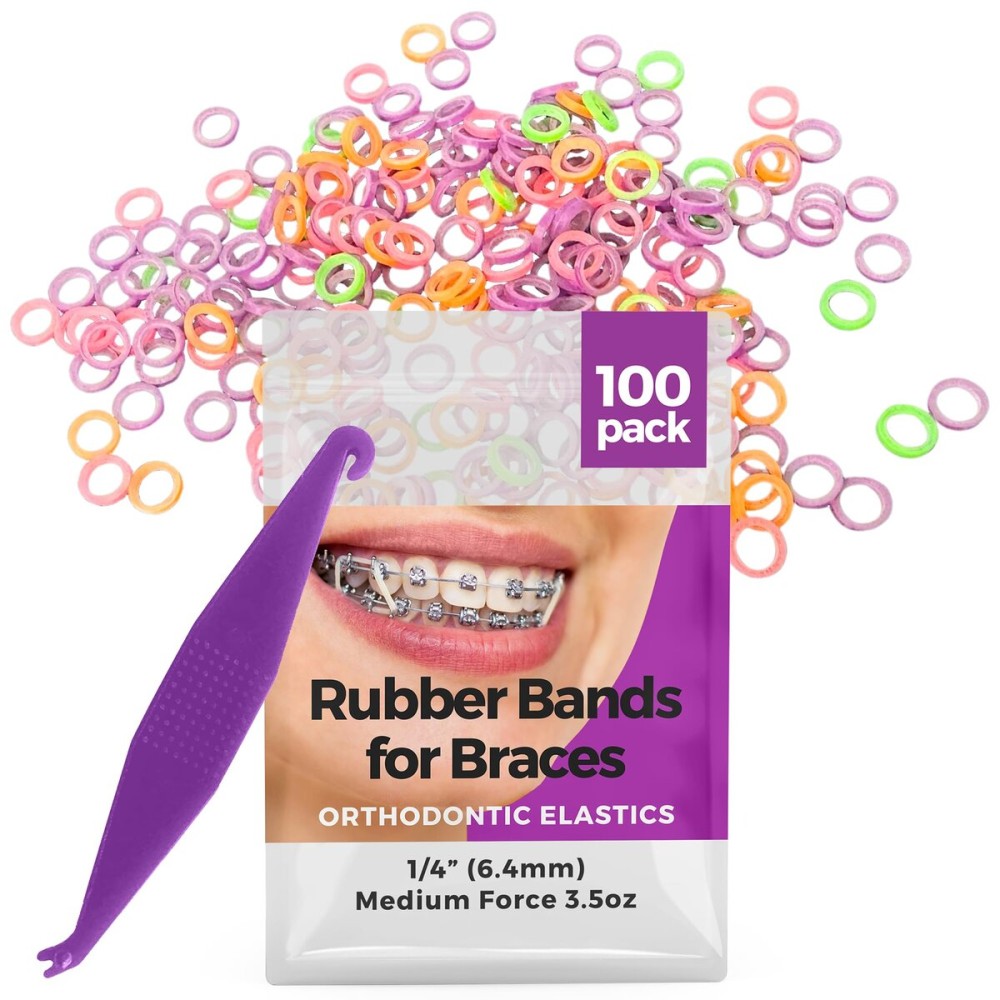 1/4 Inch Orthodontic Elastic Rubber Bands - 100 Pack, Neon, Medium Force 3.5 oz - Dental Rubber Bands, Teeth Rubber Bands Gap Fixer, Dreadlock Rubber Bands, 1 Elastic Placer for Braces Included 1/4 Inch Orthodontic Elastic Rubber Bands - 100 Pack, Neon, Medium Force 3.5 oz - Dental Rubber Bands, Teeth Rubber Bands Gap Fixer, Dreadlock Rubber Bands, 1 Elastic Placer for Braces Included