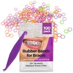 1/4 Inch Orthodontic Elastic Rubber Bands - 100 Pack, Neon, Medium Force 3.5 oz - Dental Rubber Bands, Teeth Rubber Bands Gap Fixer, Dreadlock Rubber Bands, 1 Elastic Placer for Braces Included