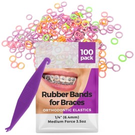 1/4 Inch Orthodontic Elastic Rubber Bands - 100 Pack, Neon, Medium Force 3.5 oz - Dental Rubber Bands, Teeth Rubber Bands Gap Fixer, Dreadlock Rubber Bands, 1 Elastic Placer for Braces Included