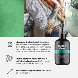 Tattoo Goo Deep Cleansing Soap, Disinfecting Tattoo and Piercing Aftercare - Moisturizing Olive Oil, Alcohol and Fragrance Free - 3 oz