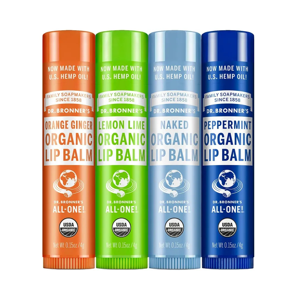 Dr. Bronner\'s - Organic Lip Balm Variety Peppermint, Orange Ginger, Naked, Lemon Lime) - Made with Organic Beeswax and Avocado Oil, For Dry Lips, Hands, Chin or Cheeks, 0.15 Ounce (Pack of 4) Dr. Bronner\'s - Organic Lip Balm Variety Peppermint, Orange Ginger, Naked, Lemon Lime) - Made with Organic Beeswax and Avocado Oil, For Dry Lips, Hands, Chin or Cheeks, 0.15 Ounce (Pack of 4)