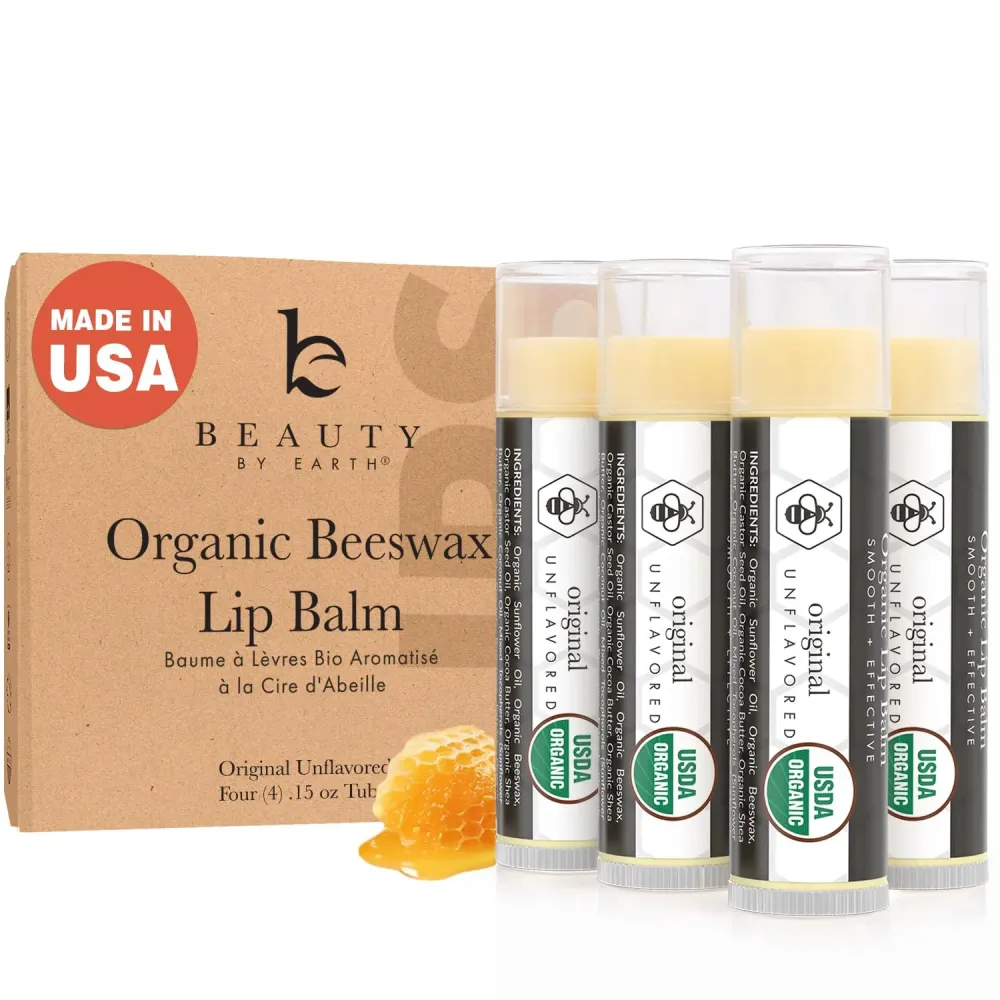 USDA Organic Lip Balm - USA Made with Natural Ingredients, 4 Pack Unflavored Chapstick for Dry Lips, Birthday Gifts for Her & Him, Lip Balm Hydrating Beauty Gifts, Lip Moisturizer, Mens Gift Ideas USDA Organic Lip Balm - USA Made with Natural Ingredients, 4 Pack Unflavored Chapstick for Dry Lips, Birthday Gifts for Her & Him, Lip Balm Hydrating Beauty Gifts, Lip Moisturizer, Mens Gift Ideas