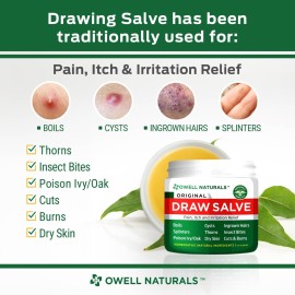 OWELL Naturals Drawing Salve Ointment 1oz, ingrown Hair, Boil, Splinter Remover, Bug Spider Bites, bee Sting, Mosquito bite Itch, Poison Ivy OWELL Naturals Drawing Salve Ointment 1oz, ingrown Hair, Boil, Splinter Remover, Bug Spider Bites, bee Sting, Mosquito bite Itch, Poison Ivy