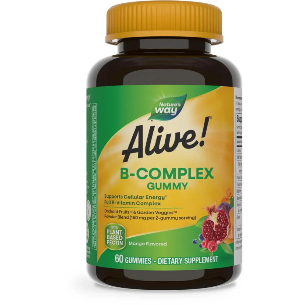 Nature\'s Way Alive! B-Complex Gummies, Cellular Energy Support*, 8 B-Vitamins, Vegetarian, Mango Flavored, 60 Gummies (Packaging May Vary) Nature\'s Way Alive! B-Complex Gummies, Cellular Energy Support*, 8 B-Vitamins, Vegetarian, Mango Flavored, 60 Gummies (Packaging May Vary)