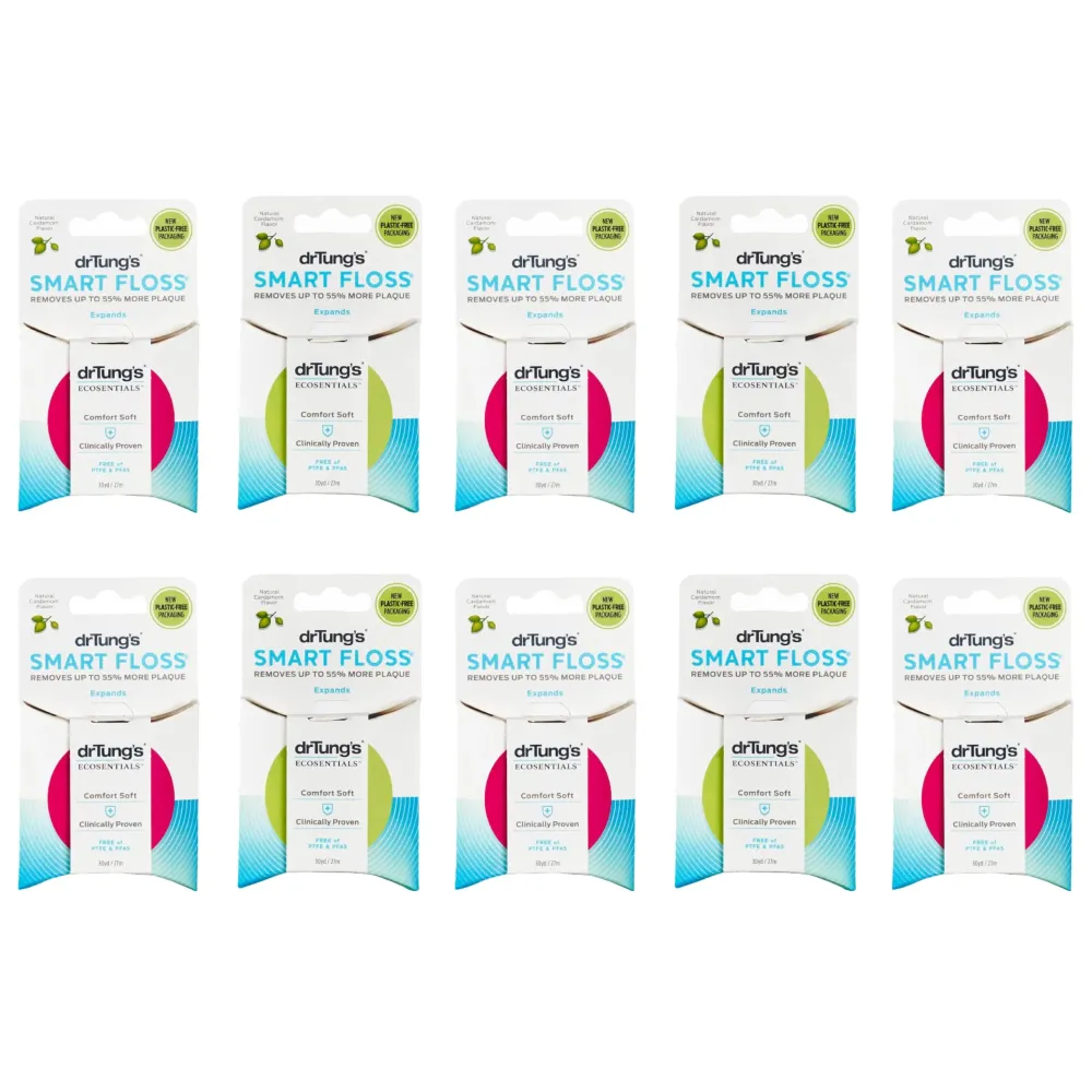 DrTung\'s Smart Floss - Natural Floss, PTFE & PFAS Free Floss, Gentle on Gums, Expands & Stretches, BPA Free - Cardamom Flavor, Colors Vary (10 Pack) DrTung\'s Smart Floss - Natural Floss, PTFE & PFAS Free Floss, Gentle on Gums, Expands & Stretches, BPA Free - Cardamom Flavor, Colors Vary (10 Pack)