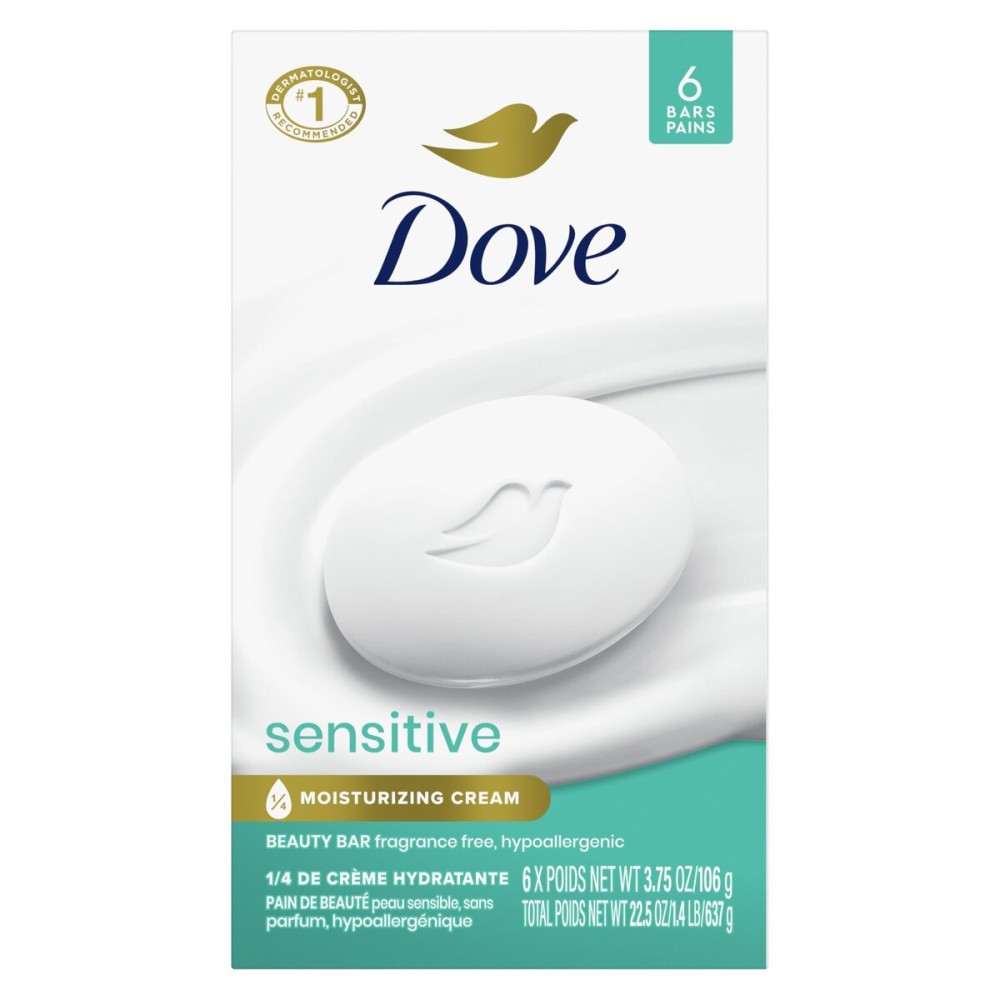 Dove Beauty Bar Soap Sensitive, 6 Bars for Sensitive Skin, Fragrance Free and Hypoallergenic 3.75 oz Dove Beauty Bar Soap Sensitive, 6 Bars for Sensitive Skin, Fragrance Free and Hypoallergenic 3.75 oz