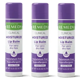 Medline Remedy Clinical Lip Balm, 3 Count, Citrus Scent, Moisturizing, Hydrating, Nourish, Nutrient Rich, Soothing Natural Oils, Revitalize, Comforting, Skin Conditioners, 0.15 oz Stick