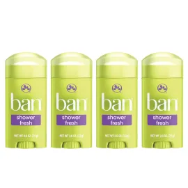 Ban Invisible Solid Antiperspirant Deodorant for Women and Men, 24-Hour Underarm Odor & Sweat Protection, Shower Fresh, 2.6 Oz, Pack of 4