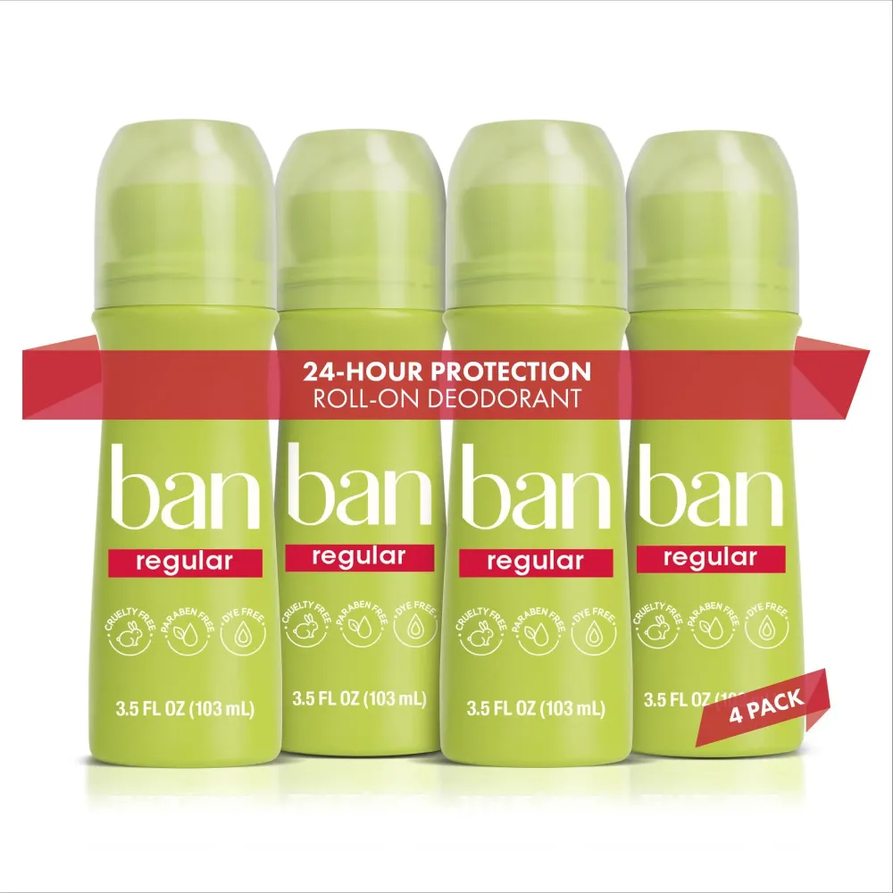 Ban Invisible Roll-on Antiperspirant Deodorant for Women and Men, 24-hour Underarm Odor & Sweat Protection, Regular Scent, 3.5 Oz, Pack of 4 Ban Invisible Roll-on Antiperspirant Deodorant for Women and Men, 24-hour Underarm Odor & Sweat Protection, Regular Scent, 3.5 Oz, Pack of 4