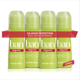 Ban Invisible Roll-on Antiperspirant Deodorant for Women and Men, 24-hour Underarm Odor & Sweat Protection, Regular Scent, 3.5 Oz, Pack of 4