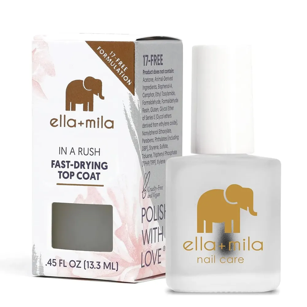 ella+mila In a Rush Fast Dry Top Coat Nail Polish with High Glossy Shine. This clear nail polish features a UV inhibitor to resist yellowing and comes in a 0.45 fl oz bottle ella+mila In a Rush Fast Dry Top Coat Nail Polish with High Glossy Shine. This clear nail polish features a UV inhibitor to resist yellowing and comes in a 0.45 fl oz bottle