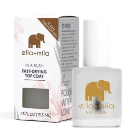 ella+mila In a Rush Fast Dry Top Coat Nail Polish with High Glossy Shine. This clear nail polish features a UV inhibitor to resist yellowing and comes in a 0.45 fl oz bottle ella+mila In a Rush Fast Dry Top Coat Nail Polish with High Glossy Shine. This clear nail polish features a UV inhibitor to resist yellowing and comes in a 0.45 fl oz bottle