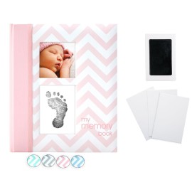 Pearhead Baby Memory Book, First 5 Years Baby Milestone Book, Pregnancy Journal, Gender Neutral Newborn Keepsake, With Clean-Touch Ink Pad For Baby\'s Handprint or Footprint, Pink Chevron