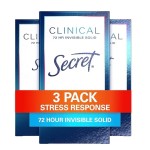 Secret Clinical Strength Antiperspirant Deodorant for Women, Stress Response, 3X Stress Protection, 72hr Sweat & Odor Protection, PH Balancing Minerals, Invisible Solid, 1.6 oz (Pack of 3)