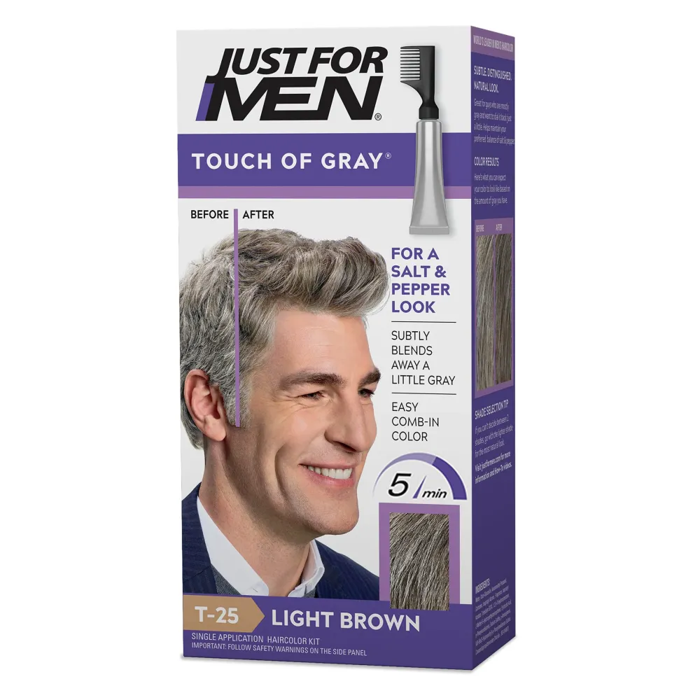 Just For Men Touch of Gray, Mens Hair Color Kit with Comb Applicator for Easy Application, Great for a Salt and Pepper Look - Light Brown, T-25, Pack of 1 Just For Men Touch of Gray, Mens Hair Color Kit with Comb Applicator for Easy Application, Great for a Salt and Pepper Look - Light Brown, T-25, Pack of 1